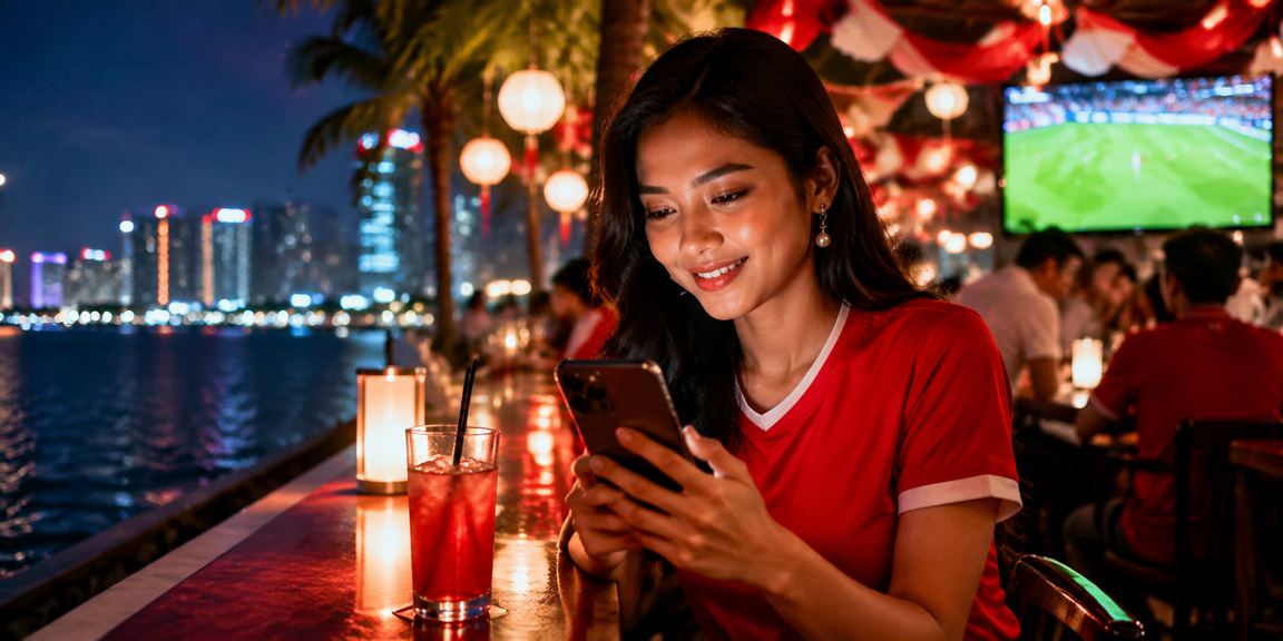 Layar ponsel menampilkan aplikasi casino di tengah festival dengan suasana meriah
