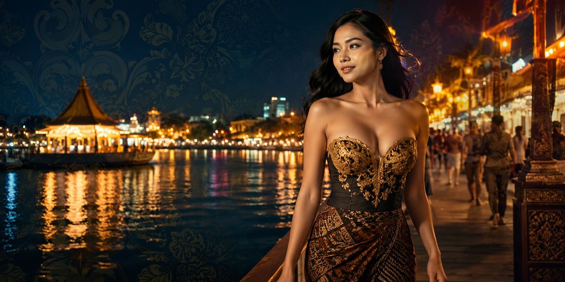 Pengunjung pasar malam menikmati aplikasi casino online di ponsel dengan suasana meriah