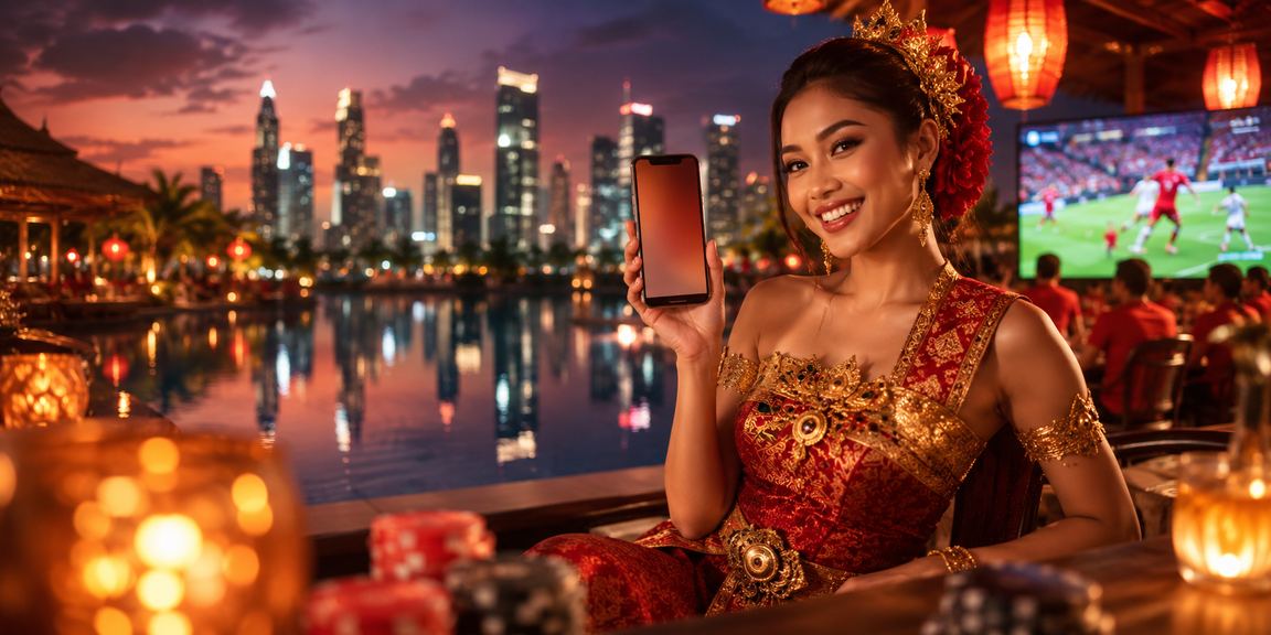 Suasana pasar malam yang ramai dengan tampilan aplikasi casino di layar ponsel