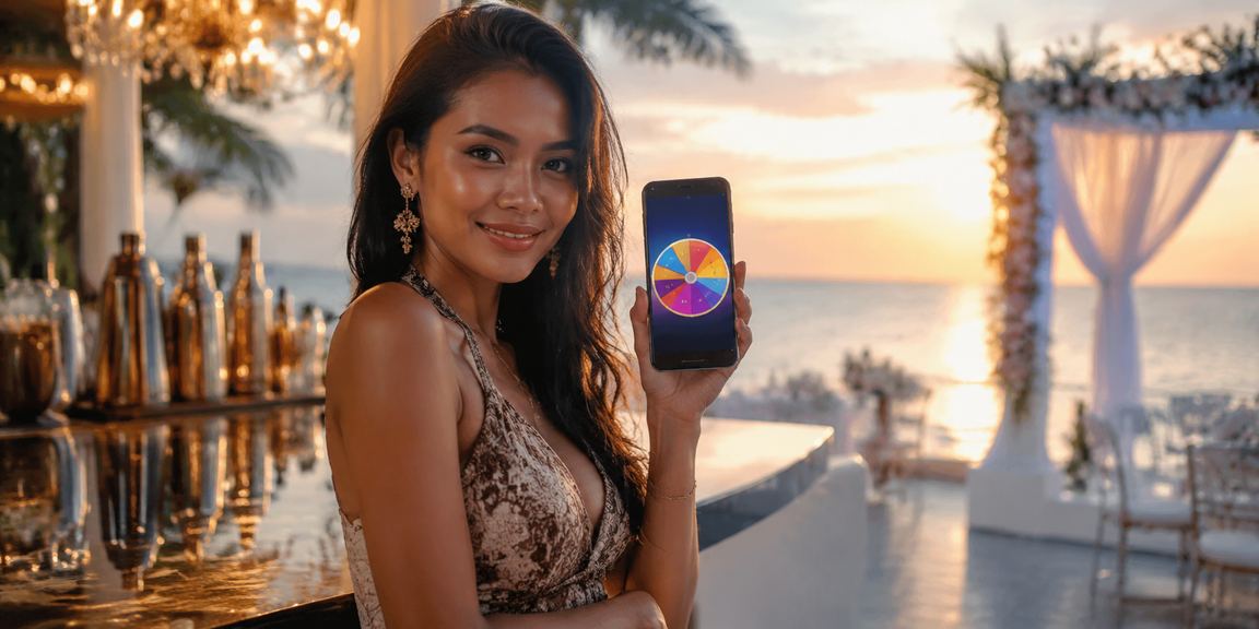 Suasana pantai mewah dengan tampilan visual promosi lucky draw berhadiah menarik